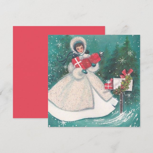 Vintage Retro Christmas Woman with Presents Holiday Card (Front/Back)
