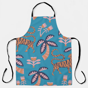 vintage retro color tiger, palm tree, flower seaml apron