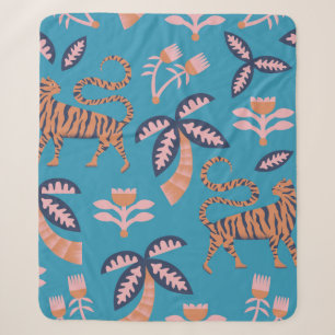 vintage retro color tiger, palm tree, flower seaml sherpa blanket