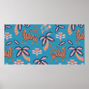 vintage retro colour tiger, palm tree, flower seam poster