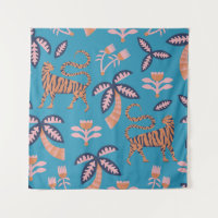 vintage retro colour tiger, palm tree, flower seam