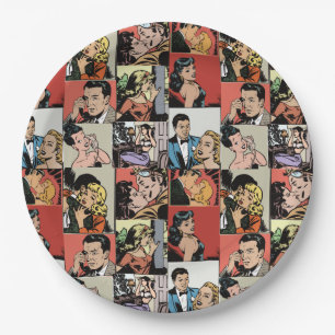 Vintage retro comic love story paper plate