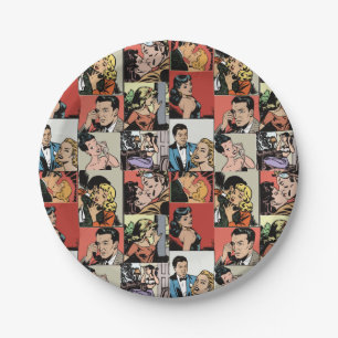 Vintage retro comic love story paper plate