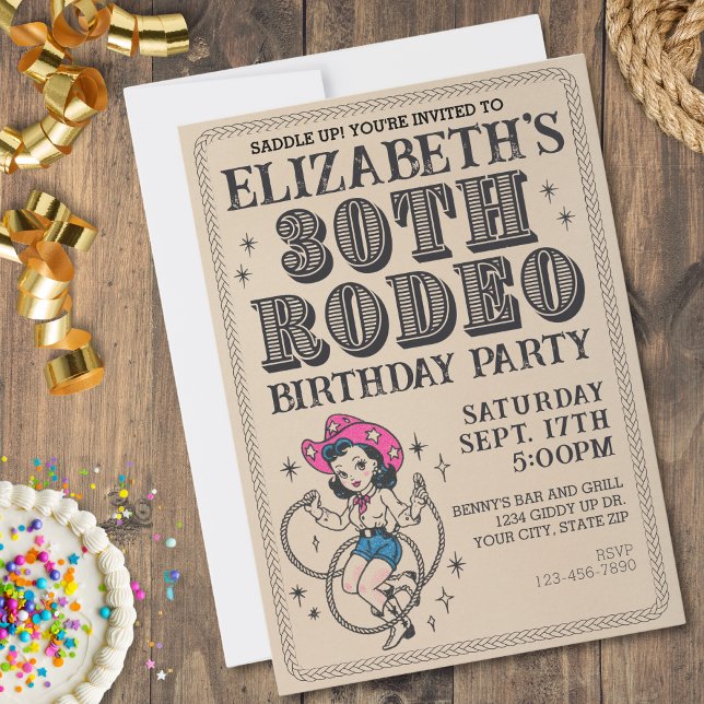 Vintage Retro Cowgirl 30th Birthday Party  Invitation (30th Rodeo Birthday Party)