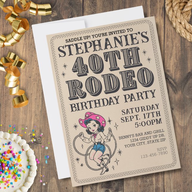 Vintage Retro Cowgirl 40th Birthday Party  Invitation (40th Rodeo Birthday Party)