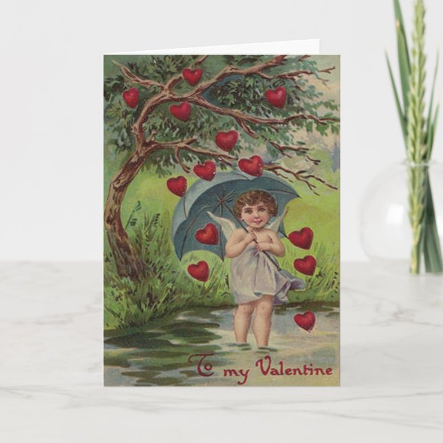 Vintage Retro Cupid Heart Umbrella Valentine Card (Front)