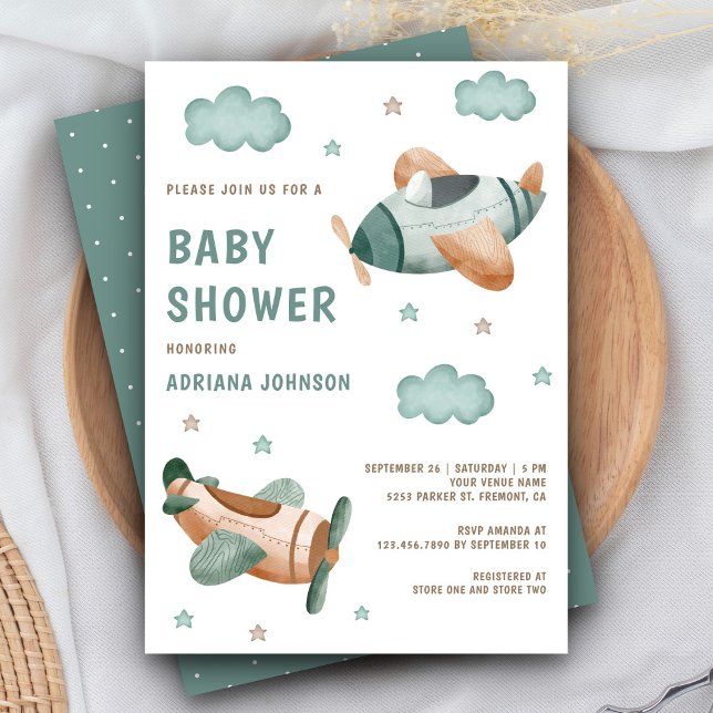 Vintage Retro Cute Green Aeroplanes Baby Shower Invitation (Creator Uploaded)