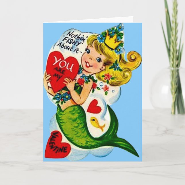 Vintage Retro Cute Mermaid Valentine Card (Front)