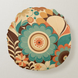 Vintage retro design floral brown beize green round cushion