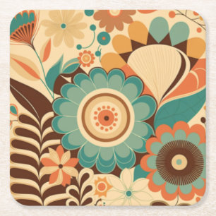 Vintage retro design floral brown beize green square paper coaster