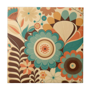 Vintage retro design floral brown beize green tile