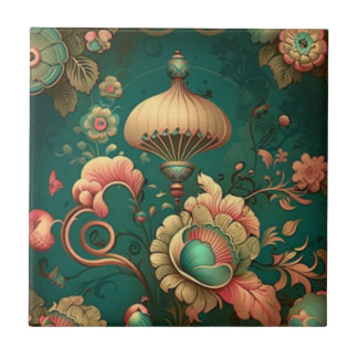 Vintage retro design floral green Ceramic Tile