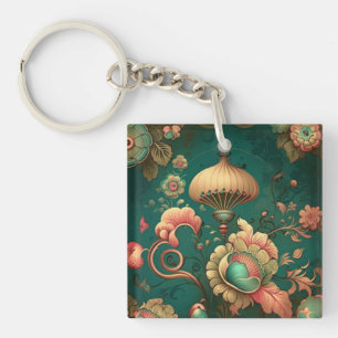 Vintage retro design floral green key ring