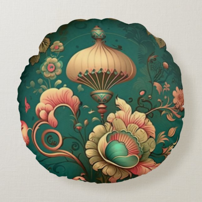 Vintage retro design floral green round cushion (Front)