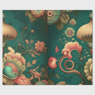 Vintage retro design floral green wrapping paper