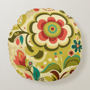 Vintage retro design floral light green round cushion
