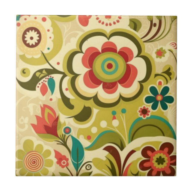 Vintage retro design floral light green tile (Front)