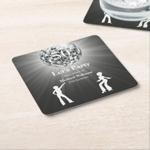 Vintage Retro Disco Ball Black White 50th Birthday Square Paper Coaster