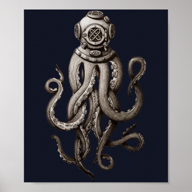 Vintage Retro Diving Suit Octopus Graphic Design Poster (Front)