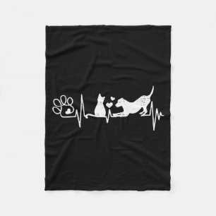 Vintage Retro Dog And Cat Heartbeat Funny Fleece Blanket