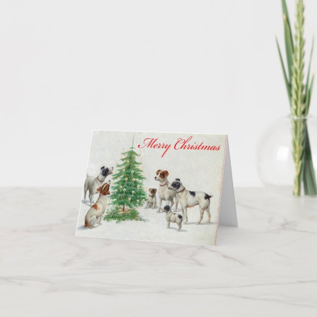 Vintage Retro Dog And Christmas Tree Greetings  Holiday Card (Front)