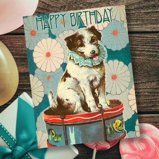 Vintage Retro Dog On Drum Happy Birthday Card