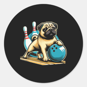 Vintage Retro Dog Pug Playing Bowling Classic Round Sticker