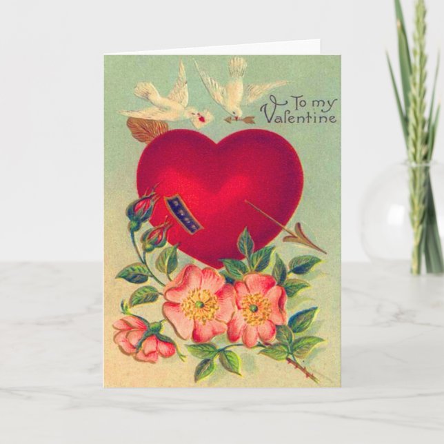 Vintage Retro Doves Hearts Valentine Card (Front)
