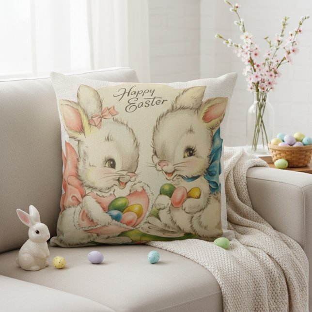 Vintage Retro Easter Bunny Couple Cushion (Vintage Happy Easter Bunnies With Easter Eggs Throw Pillow)