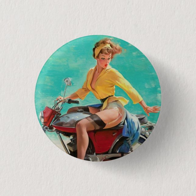 Vintage Retro Elvgren Motorcycle Biker Pin-UP Girl 3 Cm Round Badge (Front)