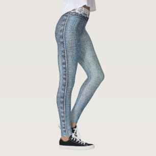 Vintage Retro Faux Blue Jeans Denim White Lace Leggings