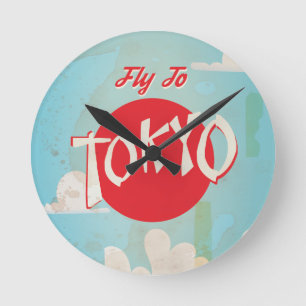 Vintage Retro Fly to Tokyo Travel Poster Round Clock