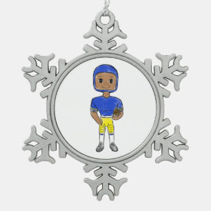 vintage retro football player blue yellow simple snowflake pewter christmas ornament