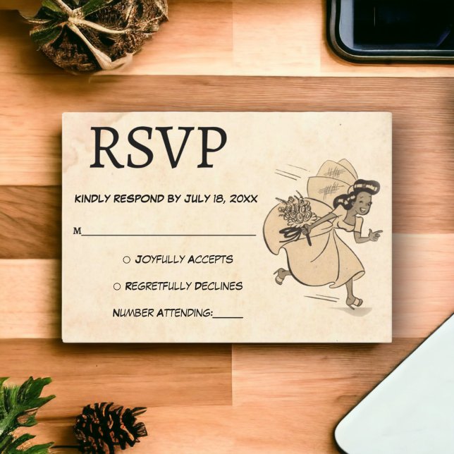 Vintage Retro Funny Bride Cartoon Rustic Wedding RSVP Card (Creator Uploaded)