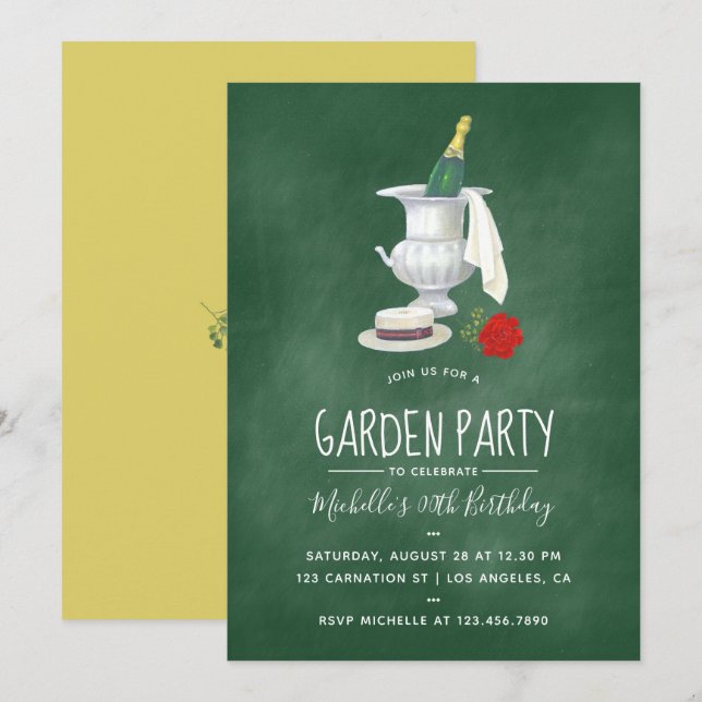 Vintage retro Garden Party green chalkboard Invitation (Front/Back)