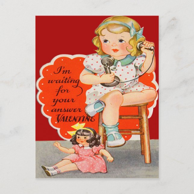 Vintage Retro Girl On Phone Valentine Card (Front)