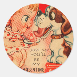 Vintage Retro Girl & Puppy Valentine Card Classic Round Sticker
