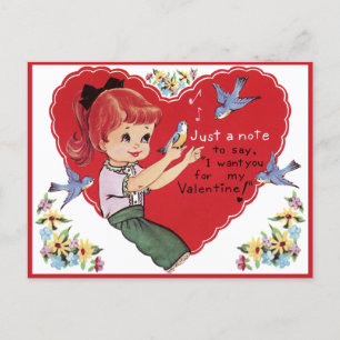 Vintage Retro Girl with Bluebirds Valentine's Day Postcard