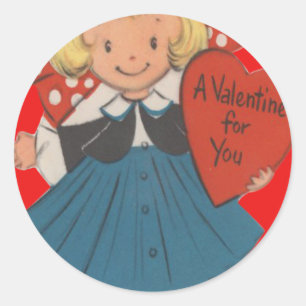 Vintage Retro Girl With Heart Valentine Card Classic Round Sticker