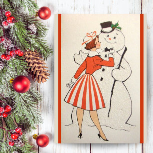 Vintage Retro Girl With Snowman Custom Christmas Holiday Card