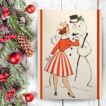 Vintage Retro Girl With Snowman Custom Christmas Holiday Card<br><div class="desc">This fun retro vintage Christmas card features a mid-century young woman straightening the bow tie of a dapper looking snowman.  Personalise by customising the message inside the card and/or adding your name(s).</div>