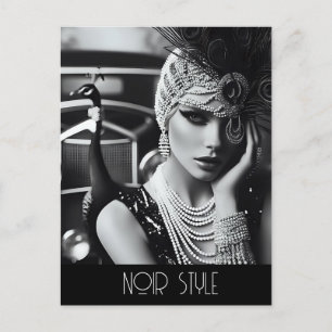 Vintage retro glamour girl with peacock postcard