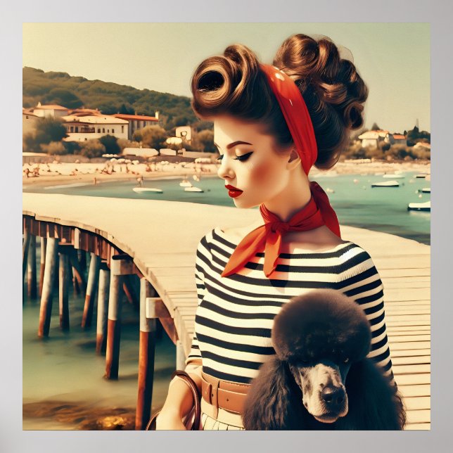 Vintage retro glamour girl with poodle poster (Front)