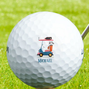 Vintage Retro Golf Cart Cute Blue Monogrammed Balls