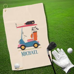 Vintage Retro Golf Cart Cute Blue Monogrammed Towel
