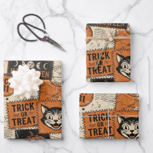 Vintage Retro Halloween Collage Black Cat Postage Wrapping Paper Sheet