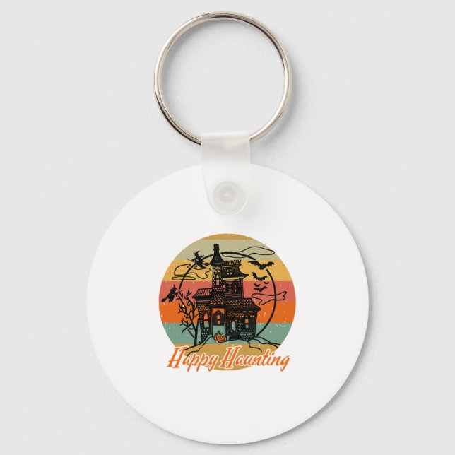 Vintage Retro Halloween Happy Haunting Witches Key Ring (Front)