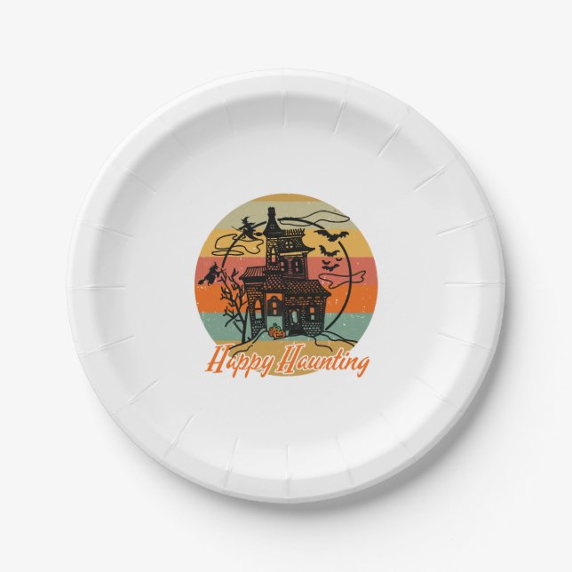 Vintage Retro Halloween Happy Haunting Witches Paper Plate (Front)