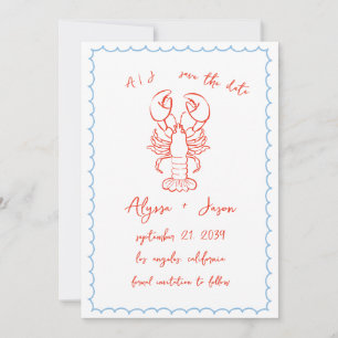 Vintage Retro Handwritten Lobster Red Blue Wedding Save The Date
