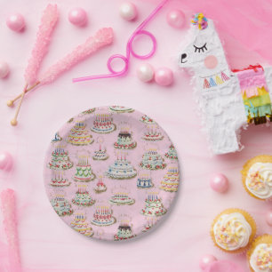 Vintage Retro Happy Birthday Cakes Paper Plate